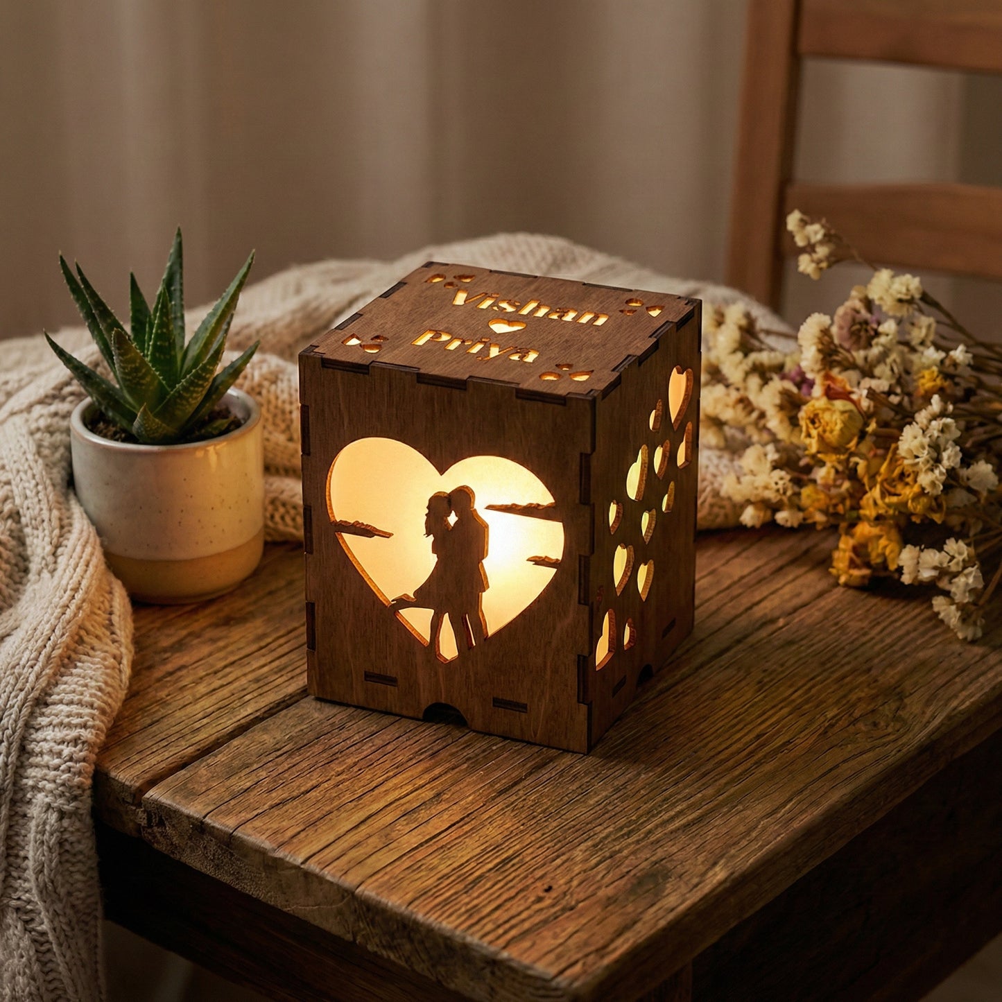 Personalised Romantic Couple Wooden Box Lamp
