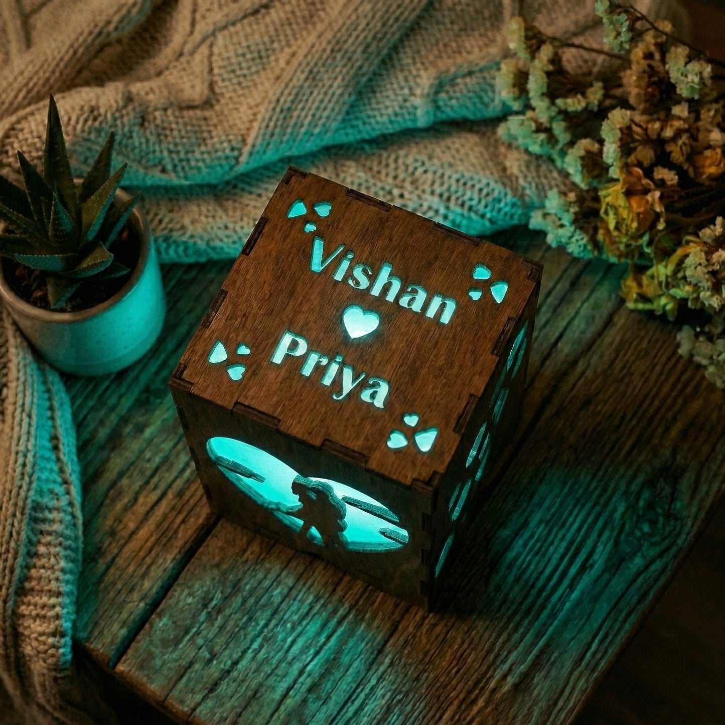Personalised Romantic Couple Wooden Box Lamp