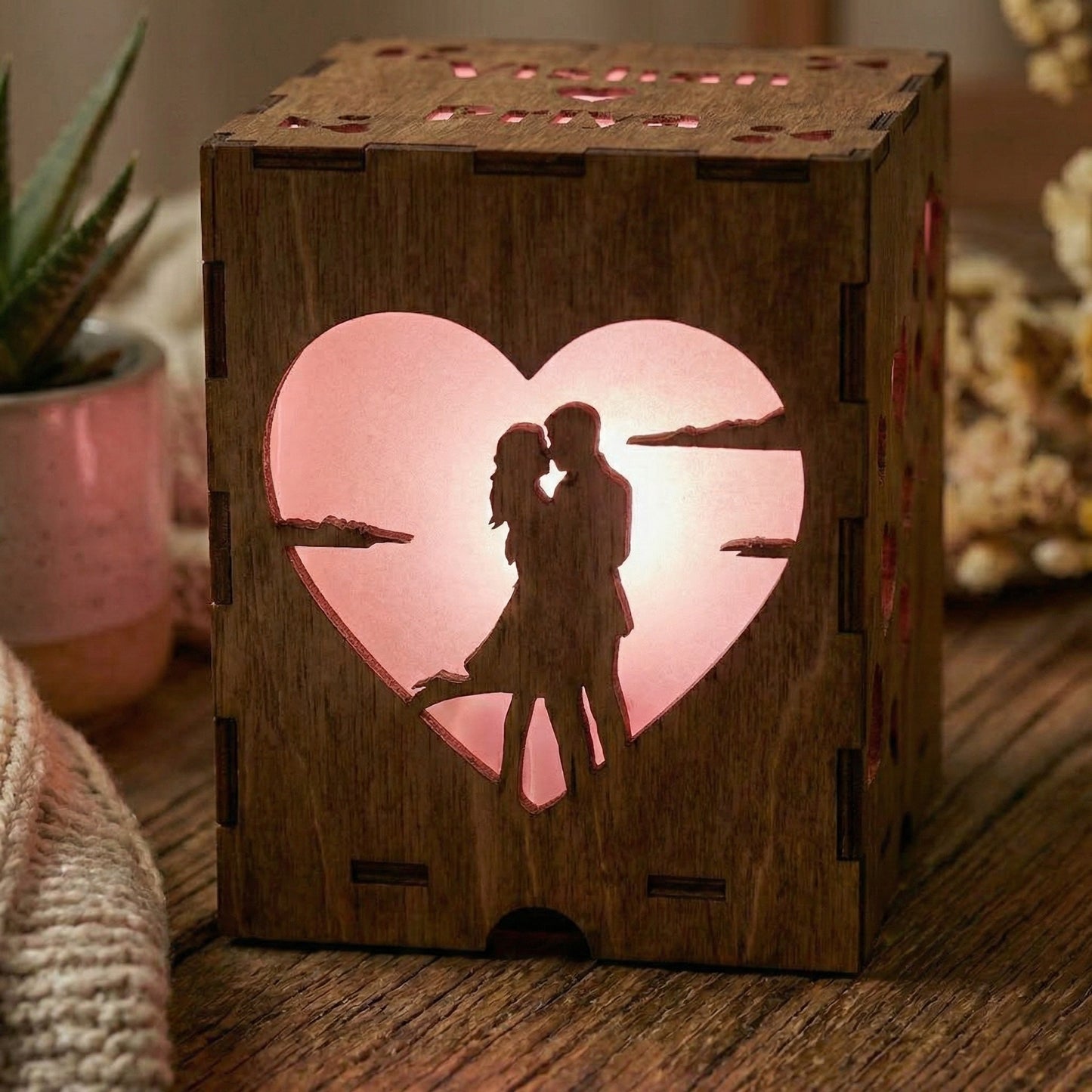 Personalised Romantic Couple Wooden Box Lamp