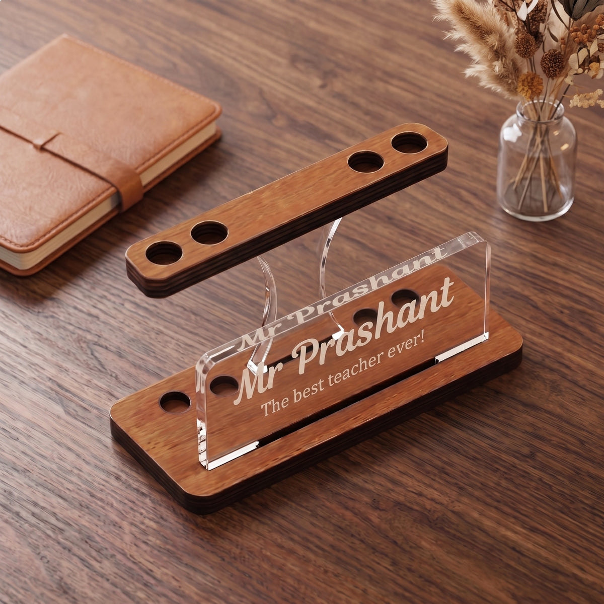 Desk name plate with pens holder