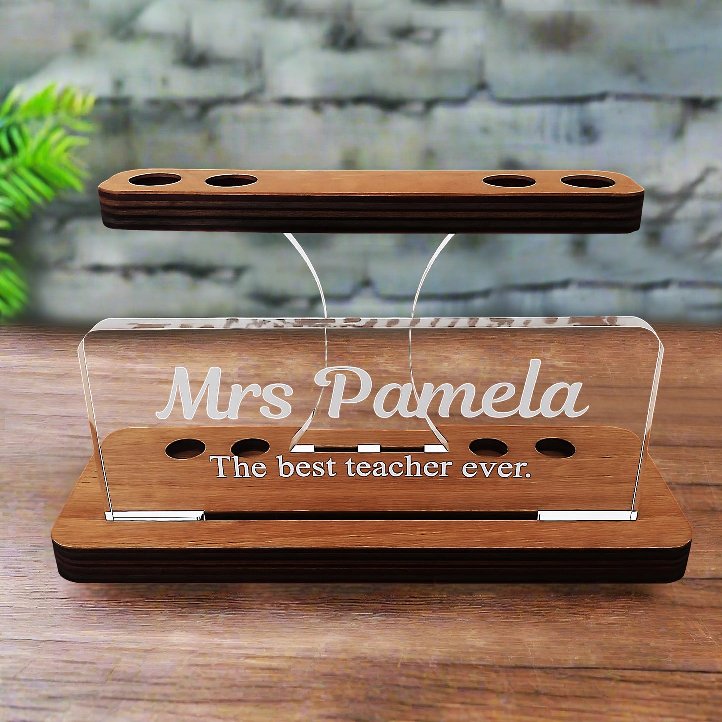 Desk name plate with pens holder